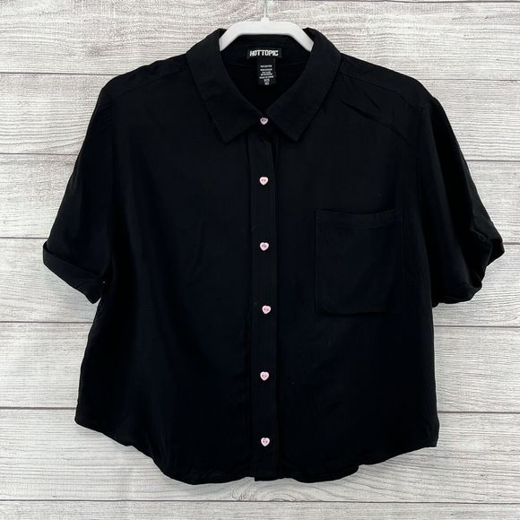 Hot Topic Tops - Hot Topic Black Goth Button Up Shirt Pink Heart Short Sleeve Size M